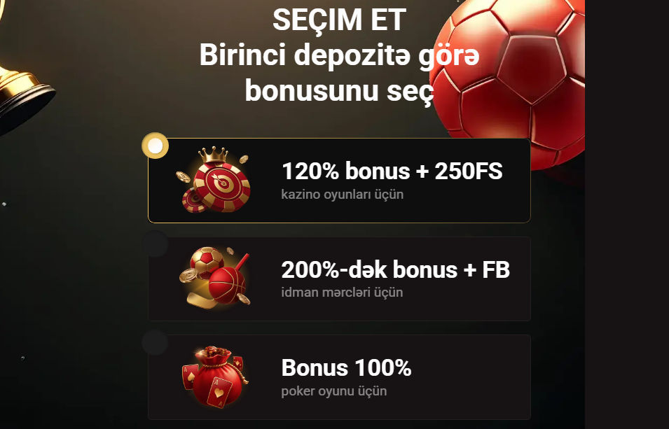 Kazino, idman və poker üçün üç fərqli bonus variantının təqdim olunduğu seçim ekranı