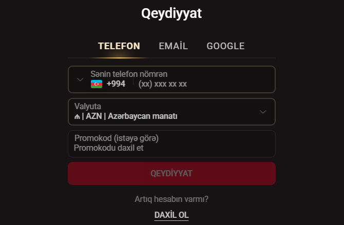 Telefon, e-poçt və Google seçimləri olan qeydiyyat forması və AZN hesab valyutası