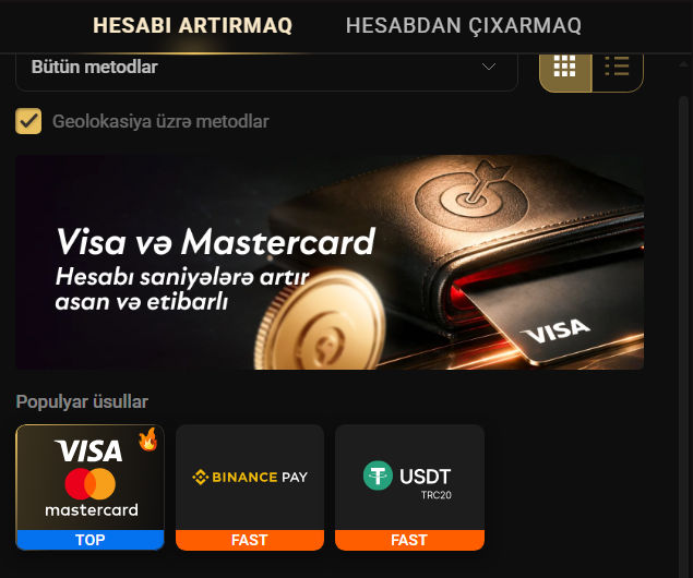 Depozit ekranında Visa/Mastercard TOP, Binance Pay və USDT TRC20 isə FAST işarələri ilə təqdim olunur